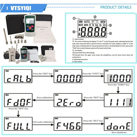 Digital Force Gauge Push Pull Tester Meter Dynamometer LCD Display 300N Capacity with operating instructions and calibration details.