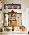 Bathroom with Rustic Three Light Vanity Fixture With Industrial Black Finish And Faux Wood Back Panel over mirror