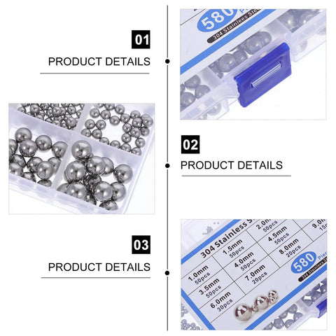 580 Piece Stainless Steel Bearing Balls Assortment Kit Featuring Dead Nuts Accurate Sizing, organized in transparent storage box.