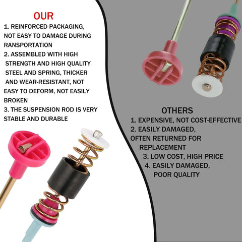 Comparison image showing features of Top Shelf Heavy Duty Washing Machine Suspension Rods Shock Absorbers Replacement Kit.