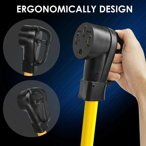 Heavy Duty Nema 10 30P To 14 50R Ev Charger Adapter With 8 Gauge Wire, ergonomically designed handle, showcasing plug details.
