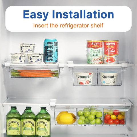 Slick Shallow Fridge Drawer Organizer Glides Smoothly Under Any Shelf For Cheese Deli Meat And Snacks Slim Storage Bins with yogurt and snacks.
