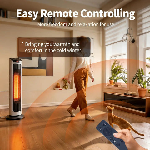 Top Shelf Replacement Remote Control For Lasko Heater Fan CT22445 in hand, woman walking near heater in cozy room.