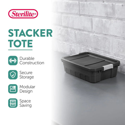 Six Pack 10 Gallon Stackable Storage Totes For Home Organization, Heavy Duty Plastic Bin with Recessed Lid and Latches