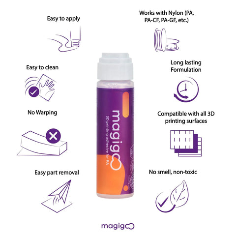 Heavy Duty 3D Printer Adhesive For Flexible Filaments To Knock Out Warping On Flex Plate And PEI Build Plates With Easy Shake Application For Rock Solid Bond And Print Like A Dream Results 50Ml in a clear 50ml bottle with purple label.