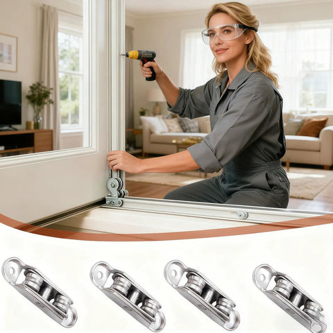 Heavy Duty Double Bearing Sliding Door Rollers With Adjustable Angle Premium Zinc Alloy Window Pulley Wheels installed on a door.