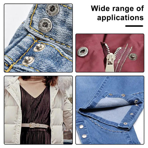 Top Shelf 50 Pair Leather Snap Fastener Kit 10Mm Silver Metal Snaps used on denim jackets and winter coats for repairs.
