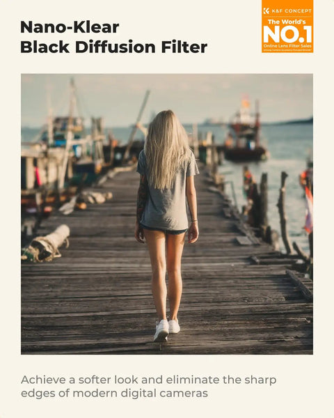 43mm Black Diffusion One Eighth Filter Delivers Misty Dreamy Cinematic Vibe For Video Vlog And Portraits Softens Highlights And Lowers Contrast With AGC Optical Glass For True Color And Skin Tone applied to a pier photo with soft highlights.