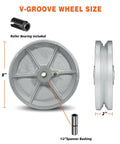 Rock Solid 8 Inch Cast Iron V Groove Wheel With Roller Bearing Capable Of Hauling Up To 1200 Lbs Per Wheel Perfect Workhorse Industrial Caster For Heavy Duty Gate Tracks Silver One Pack showing size dimensions and included roller bearing.