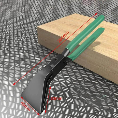 Pro Grade Metal Bending Pliers For Precision Sheet Metal Bending In Tight Spaces with 45 degree angle, metal construction, green handles.
