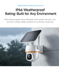 Bully Proof 2K Solar Security Camera With 5G WiFi And PTZ 360 Rotation mounted on wall in the rain, featuring solar panel and weatherproof design.