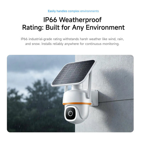 Bully Proof 2K Solar Security Camera With 5G WiFi And PTZ 360 Rotation mounted on wall in the rain, featuring solar panel and weatherproof design.