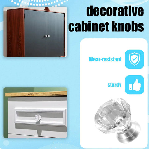Six Clear Acrylic Diamond Cabinet Knobs Set With Screws Dope Modern Dresser Pull Handles For Cabinets Drawers And Furniture Silver Finish Perfect Decorative Hardware For Kitchen Bath Living Room featuring knobs on brown and white cabinets