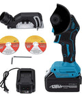 Knockout 3 Inch Cordless Mini Circular Saw And Angle Grinder Hybrid with battery, charger, and cutting discs for wood, metal, tile work.