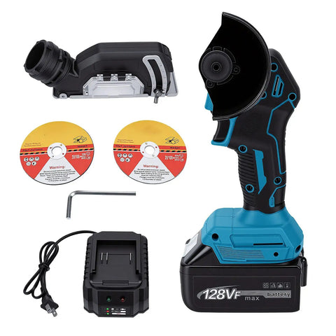 Knockout 3 Inch Cordless Mini Circular Saw And Angle Grinder Hybrid with battery, charger, and cutting discs for wood, metal, tile work.