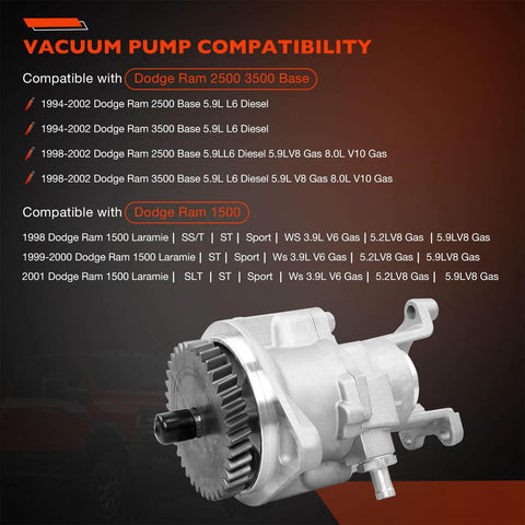 Side view of metallic 904-810 gear-driven mechanical vacuum pump for 1994–2002 Dodge Ram 2500/3500 5.9L Cummins diesel