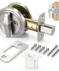 Keyless Deadbolt Lock With Double Plate And Satin Nickel, heavy steel body components and screws for patio door security.