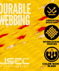 Close-up of yellow flat hook ratchet strap webbing showing abrasion resistance and interlocking weaves.