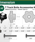 Dimensions and components of 20 Pack 1/4-20 T Track Bolts And Star Knobs Set With 1-1/2 Inch And 2 Inch Hex Bolts And Washers.