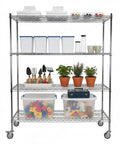 Heavy Duty 5 Tier Rolling Storage Rack With Hella Tough Steel Wire Shelves And Rock Solid Weight Rating For Zero Drama Tool Free Organization Solutions filled with storage bins, tools, and plant pots.