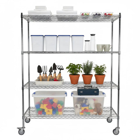 Heavy Duty 5 Tier Rolling Storage Rack With Hella Tough Steel Wire Shelves And Rock Solid Weight Rating For Zero Drama Tool Free Organization Solutions filled with storage bins, tools, and plant pots.