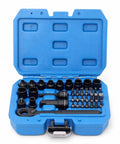 Boss Level 37 Pc Quarter Inch Drive Pass Through Ratchet Socket Set Featuring Bidirectional Metric Wrenches Rotating Handle Extension Bar And Quick Release Alloy Steel Toolbox in blue case