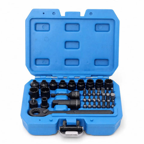 Top Shelf 37 Piece 1/4 Inch Drive Pass Through Ratchet Socket Set Featuring Metric Sockets displayed in a blue rugged carry case.