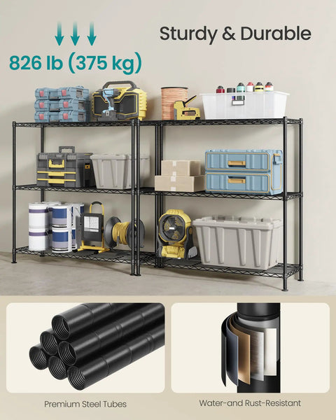 Tough As Nails 3 Tier Bathroom Shelf Heavy Duty Metal Storage Rack For Small Footprints with tools and bins on shelves.