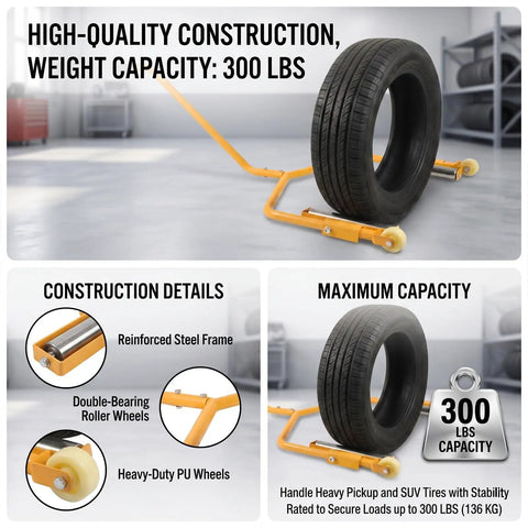 Heavy Duty Tire Wheel Dolly Rated For 275 Lbs Capacity Rolls Wide Truck Tires Like A Dream Ergonomic Handle For Zero Hassle Moves Sturdy Rolling Platform For Pro Garage Workflows Yellow Color with 300 lbs capacity.