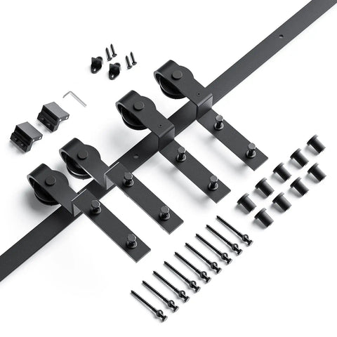 12 Ft Single Track Bypass Sliding Barn Door Hardware Kit Featuring Heavy Duty Black Powder Coated Aluminum Track With Precision Ball Bearings That Slide Like Butter includes rollers and mounts.