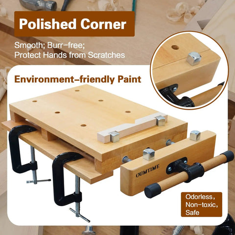 Portable Workbench With Sturdy Beech Vise Includes Wood Clamp Four Bench Dogs And Two Clips Extendable Sides For Solid Garage Studio Setup Ideal Woodworking Table Vice Tools For No Fuss Quick And Easy Projects, showcasing polished corners and environment-friendly paint.