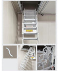 Rock Solid Automatic Attic Ladder With Snappy Remote Control Full Electric Telescopic Fold Down Staircase Heavy Duty Magnesium Alloy Frame handles with a clear view of the steps and mechanism.