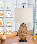 Touch Control Rattan Bedside Lamps Set Of 2 With 3 Way Dimming USB Ports And AC Outlet Wicker Nightstand Lamps Display