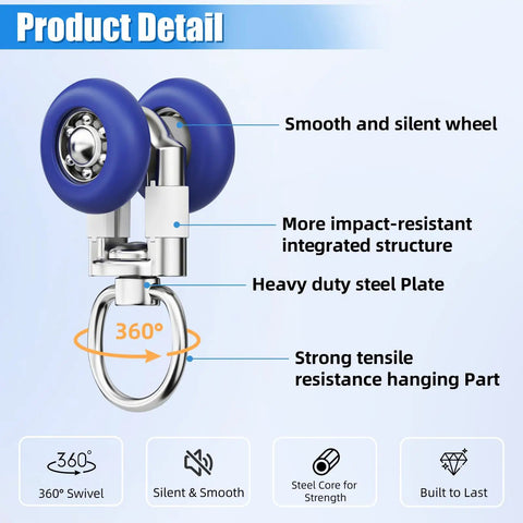 Heavy Duty Silent Glide Curtain Track Rollers With Pulley Wheel Runners Set showing 360° swivel blue wheels and heavy duty steel plate.