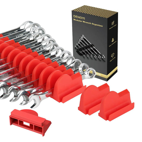 Magnetic Modular Wrench Organizer Set For Tool Drawers, red holders, labeled, fits wrenches, box showing product image, for 6mm to 38mm sizes