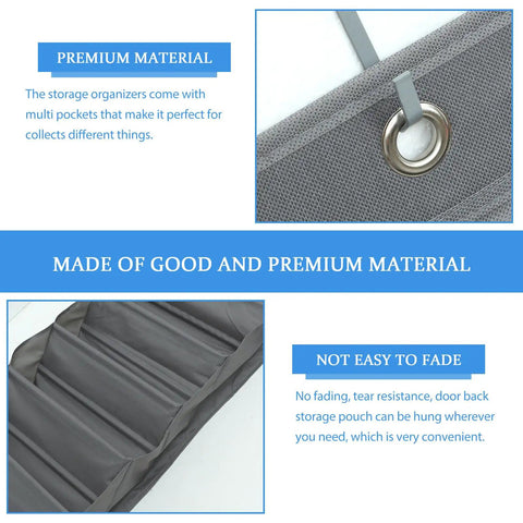 Detail of the Straight Up Game Changer Over The Door Shoe Rack with premium gray fabric and easy-to-hang clips.