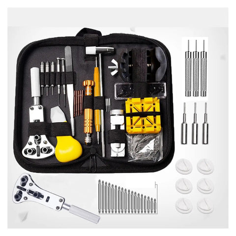 Pro Level 8 Piece Watch Repair Kit Featuring Link Pin Remover Case Opener And Battery Pry Tools in black carrying case, showcasing tools and accessories.