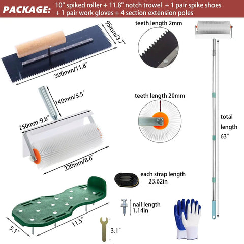Self Leveling Tools Kit With 10 Inch Spiked Roller And 62 Inch Extension Pole For Epoxy Flooring And Concrete Prep contents