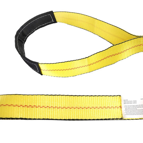 Close-up of 2 Pack 10 Foot Long Lifting Slings 2 Inch Wide Heavy Duty Nylon Web Slings With Flat Eye Ends For Hoist Tow Winch Truck Boat And ATV 10000 Pound Capacity Durable Nylon Low Stretch Abrasion Resistant showing yellow material with black flat eye end