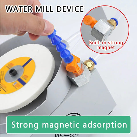 Workhorse Wet Bench Sander And Electric Knife Sharpener with blue water mill device and strong magnet feature for efficient use.