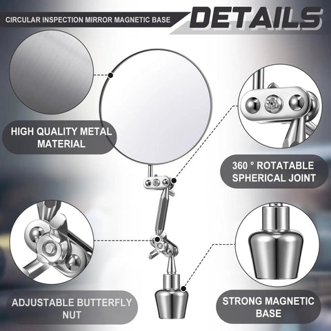 Detailed features of Two 3.15 Inch Round Inspection Mirrors With Magnetic Base And Swivel Ball Joint for mechanical maintenance