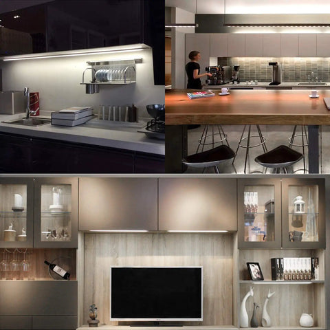 Under Cabinet LED Lights Kit 8 Pack 11 Inch Linkable Dimmable 6000K Cold White illuminating various modern kitchen and living areas