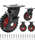 Five Inch Heavy Duty Caster Wheels Set Of Four All Terrain Swivel Casters With Locking Brakes Tough As Nails Steel Core Solid Rubber Wheels for utility carts with red and black design.