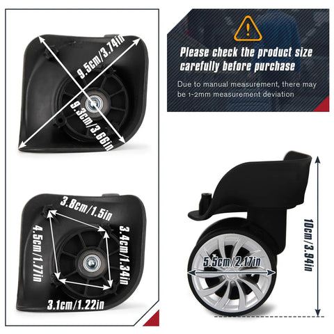 Top Shelf Luggage Wheels Replacement Pair Built Tough With Metal Bearings, side view showing size and design for suitcase repair.