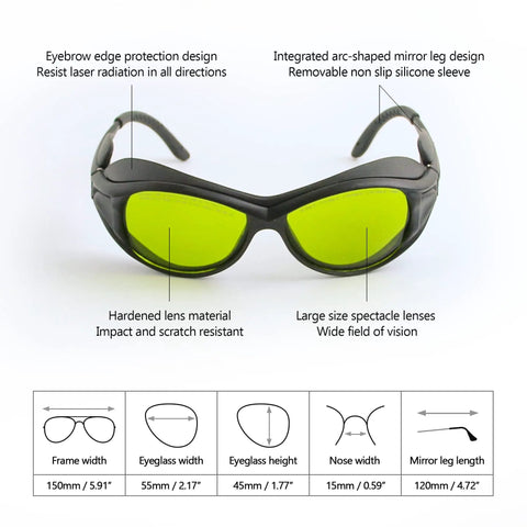 Killer OD6 Plus Laser Safety Glasses delivering savage UV defense across 180 to 420 nm and 740 to 1100 nm spectrums, green lenses.