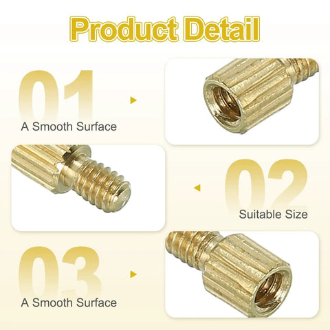 50 Piece M2 X 3 Plus 3 Millimeter Male Female Brass Hex Spacer Standoff Kit In Gold Finish detailed view of brass standoffs