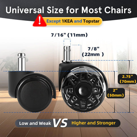 2.5 Inch Heavy Duty Office Chair Caster Wheels Set For Carpet And Hardwood Floors Universal 11x22mm Fits 99 Percent Of Chairs