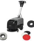 Battery Powered Walk Behind Floor Scrubber Buffer Polisher with foldable handle, 15 inch brush, 19 inch squeegee, 4.5 gallon tank