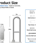 Heavy Duty Toilet Grab Bar Flip Up Folding Safety Handrail For Bathroom Wall Mount 304 Stainless Steel Top Notch Brushed Finish installation size diagram.