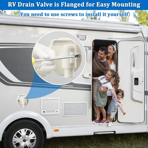 Universal RV Fresh Water Tank Drain Valve Replacement with flange for easy install, shown on camper exterior, fits 3/8 or 1/2 inch hose